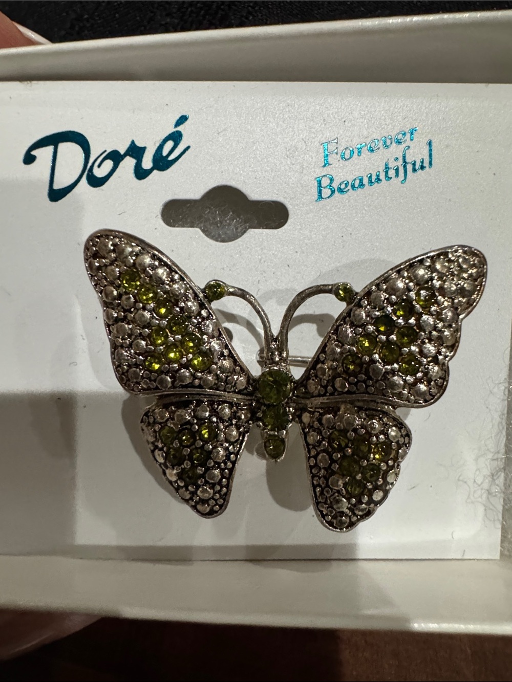 Vintage Butterfly Brooch with Green Crystal Accents